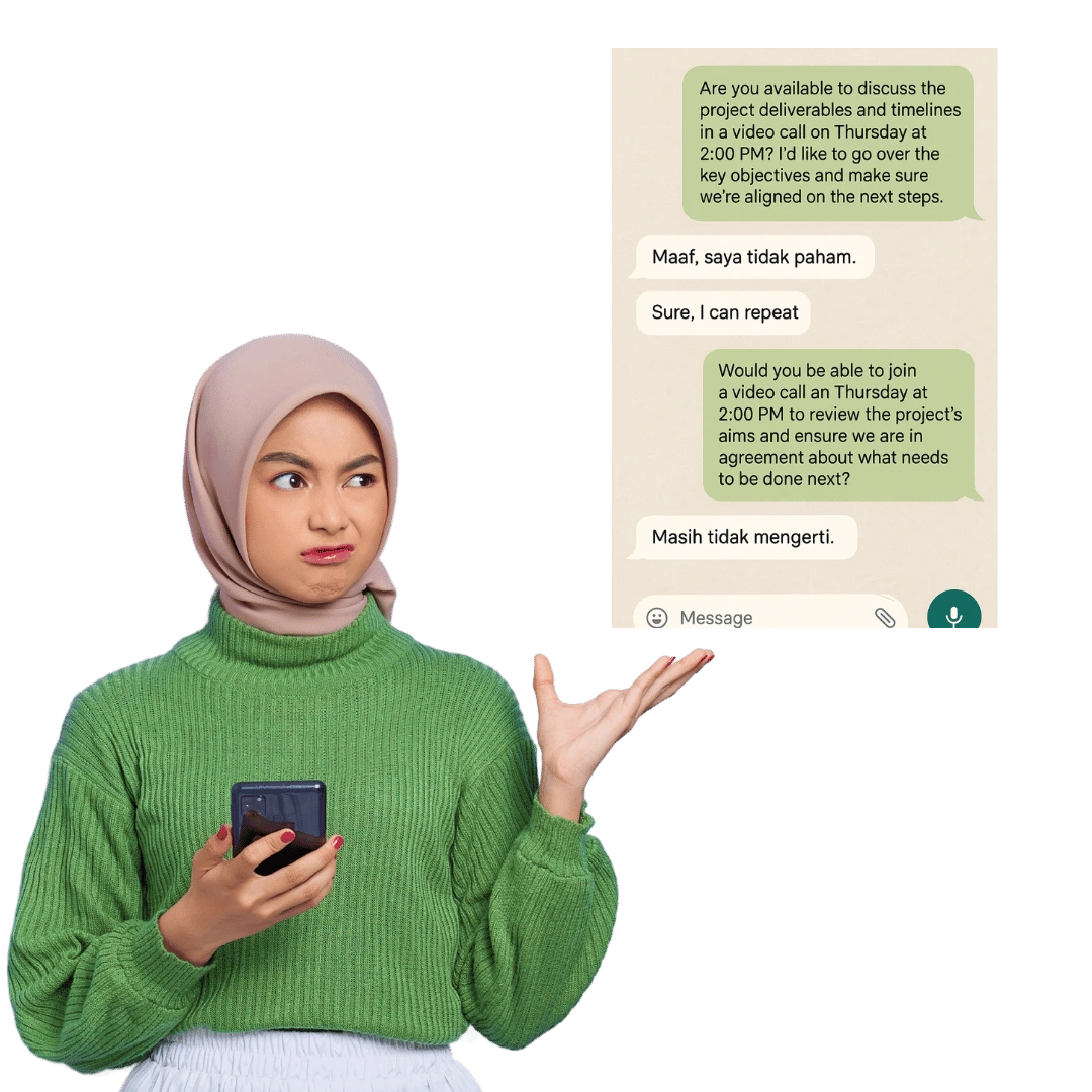 Visual ekspresi bingung + ilustrasi chatting dalam bahasa Inggris